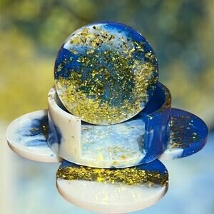 One of a kind round Houseware coasters blue and white with gold flakes